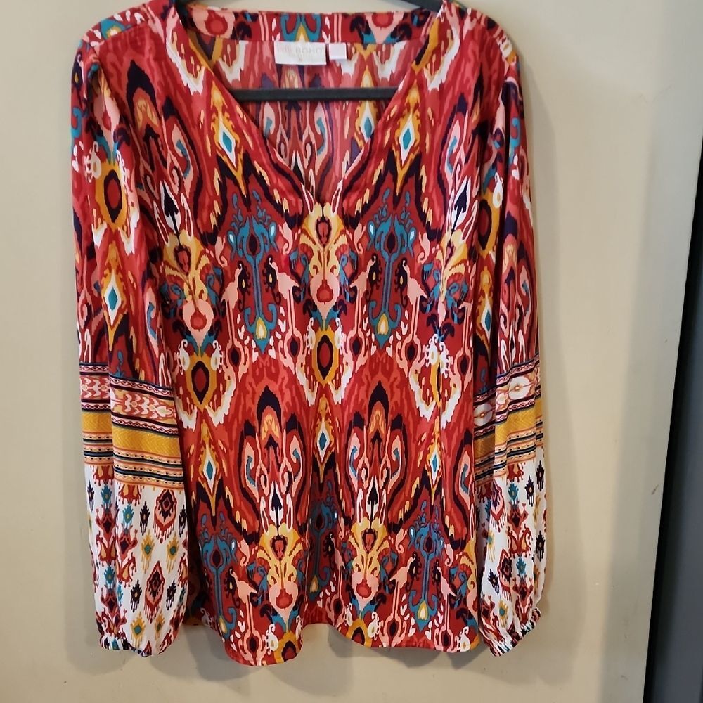 Umgee Red and Orange Relaxed Graphic Blouse